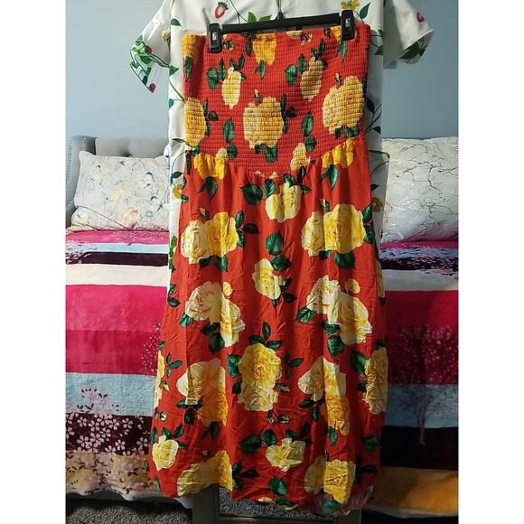 Almost Famous Red Floral Dress with Large Yellow Flowers - Picture 1 of 8